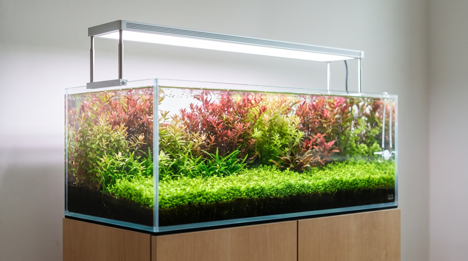 A modern LED light fixture mounted above a planted freshwater aquarium, illuminating healthy green and red plants